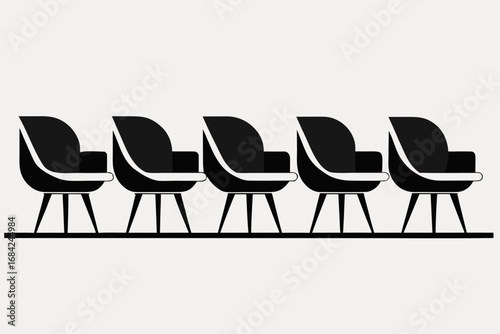 Five modern black armchairs lined up in a row