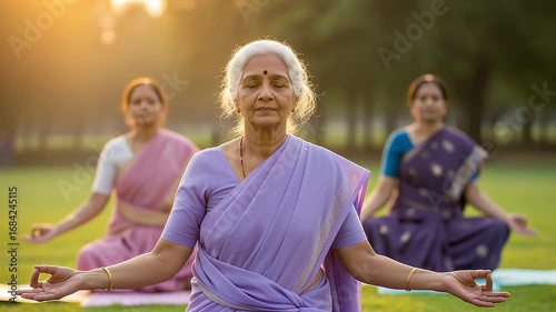 Three Mature Woman in Lotus Position Performing Yoga Meditating on Green Field Wearing Traditional Indian Clothing and Jewelry in Morning Golden Light