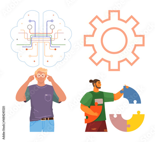 Brain with circuits, cogwheel, person pondering, teammates assembling puzzle pieces. Ideal for collaboration, innovation, teamwork, problem-solving technology education creative thinking. Flat