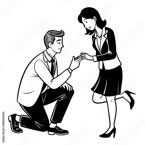 Man proposing to woman with ring in simple line art style