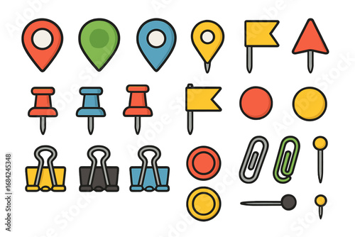 Vibrant collection of essential office supply icons. Vector set includes colorful map pins, pushpins, thumbtacks, binder clips, and paperclips. Flat cartoon illustration.