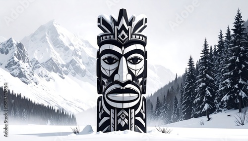Black and white totem pole in snowy landscape
