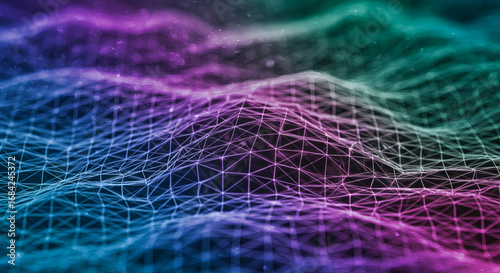 Vibrant abstract digital network connection with glowing nodes and lines forming a futuristic technology grid background