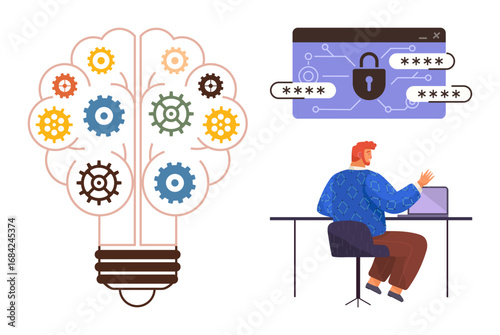 Man typing at desk with password entry window and padlock, lightbulb symbolizing creativity, innovation, security. Ideal for technology, cybersecurity, innovation, teamwork, problem-solving