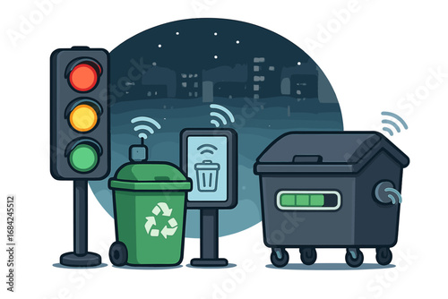 Smart city technology concept for intelligent waste management and urban infrastructure. IoT sensors on trash containers for recycling. Automated garbage disposal system at night.