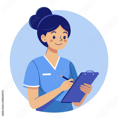 Friendly female nurse in blue uniform writing on clipboard