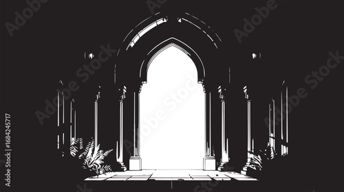 Mysterious Gothic Archway Leading to Bright Light Vector Illustration Creating a Sense of Intrigue and Hope