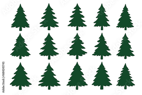 Pine tree silhouette vector icon set. Green fir tree graphic pattern background for Christmas or winter holiday design. Coniferous forest, nature, and woodland symbol.