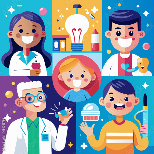 Diverse group of scientists and children engaged in scientific discovery and learning