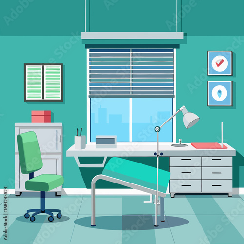 Modern medical examination room with examination bed and desk