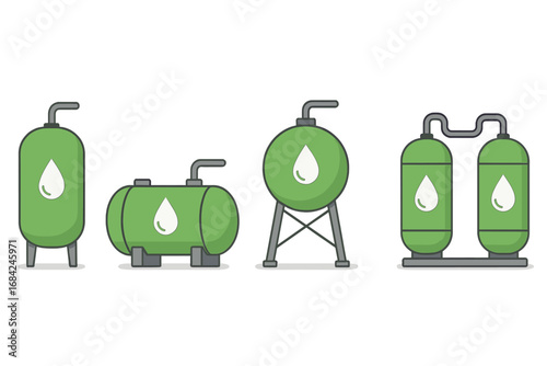 Set of various green hydrogen storage tanks. H2 fuel technology, renewable energy concept. Eco friendly power generation. Industrial container for clean fuel. Vector illustration.