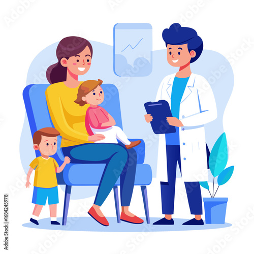 Doctor consulting with a mother and her two children in a clinic