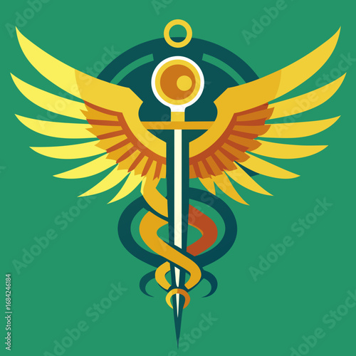 Stylized caduceus symbol with wings and serpent on green background