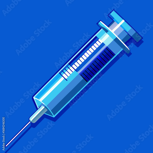 Blue medical syringe with needle on a vibrant blue background