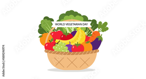 Fresh Vegetable and Fruit Basket Illustration for World Vegetarian Day Celebration and Promotion of Healthy Vegan Lifestyle Choices and Sustainable Dietary Practices