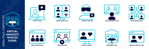 Virtual hangout spaces Blue Colored Outline Icon Set
