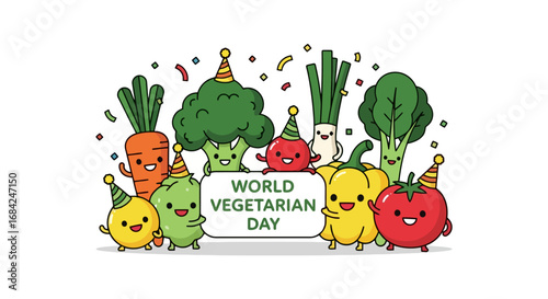 Cheerful Cartoon Vegetables Celebrating World Vegetarian Day with Party Hats and Confetti, Ideal for Promoting Vegetarianism and Healthy Eating Habits