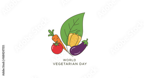 Minimalist Vector Illustration Celebrating World Vegetarian Day with Colorful Vegetables, Ideal for Promoting Health, Awareness, and Vegan Lifestyle Choices.