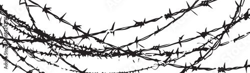 Barbed wire silhouette with birds and a lone tree against a winter sky