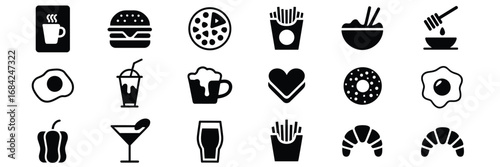 Food and Beverage Icon Set – Black Line Icons for Fast Food, Drinks, and Culinary Design