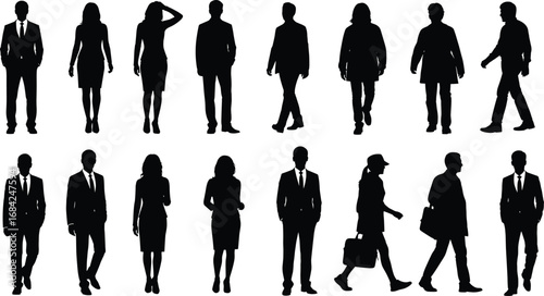 Silhouettes of business professionals walking, standing, and posing in formal attire for office, corporate, and team presentation concepts.