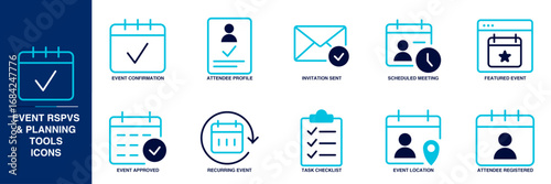 Event RSVPs & planning tools Blue Colored Outline Icon Set