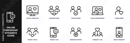 Online Friendship Dynamics Line Icon Set
