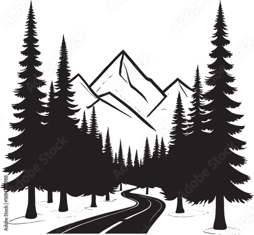 Serene Mountain Landscape Illustration with Winding Road and Evergreen Trees in Silhouette Style for Adventure Seekers and Nature Enthusiasts