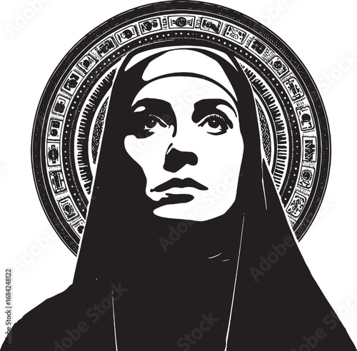 Serene Portrait of a Woman in Religious Garb with Ornate Halo in Black and White Illustration Style