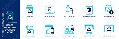 Smart Recycling Systems (trash scanner, sort assistant) Blue Colored Outline Icon Set