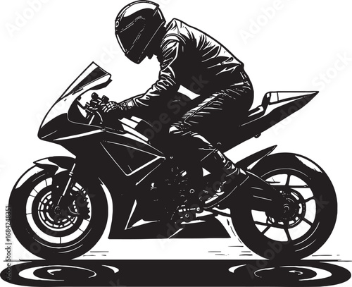 Silhouette of a Biker on a Sport Motorcycle Ready for a Ride Vector Illustration