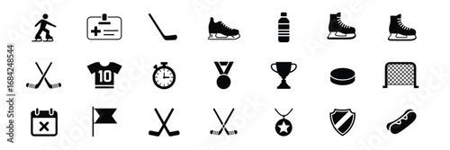 Ice Hockey Icon Set – Black Line Icons for Equipment, Players, Matches, and Sports Branding