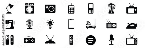 Household Electronics Icon Set – Black Line Icons for Appliances, Gadgets, and Smart Living
