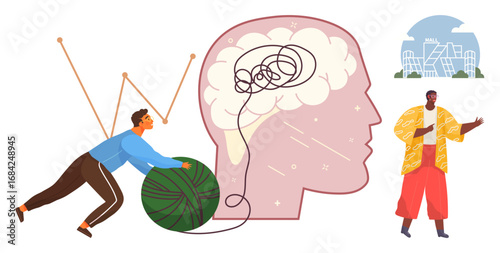 Man pushing green yarn towards a brain silhouette with tangled lines. Person demonstrating progress. Ideal for mental health, self-discovery, personal growth, psychology, mindfulness, coaching