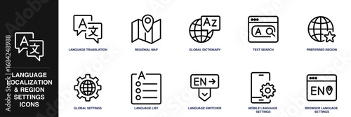 Language Localization & Region Settings Line Icon Set