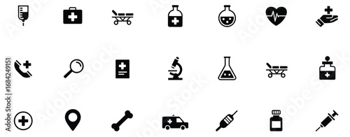 Medical and Healthcare Icon Set – Black Vector Collection of 24 Symbols for Clinics, Diagnostics, and Wellness Design