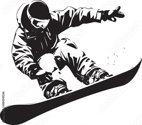 Snowboarding Silhouette: Experience the adrenaline of winter with this striking black-and-white silhouette of a snowboarder, showcasing dynamic action and adventure.