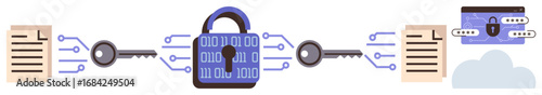 Locked blue padlock with binary code, connected to keys, documents, and a cloud. Ideal for cybersecurity, data protection, encryption, digital safety, secure cloud storage secure file sharing