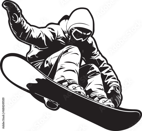 Snowboarder in Action: A dynamic illustration captures a snowboarder executing a graceful maneuver, showcasing skill and the thrill of the sport in monochrome.