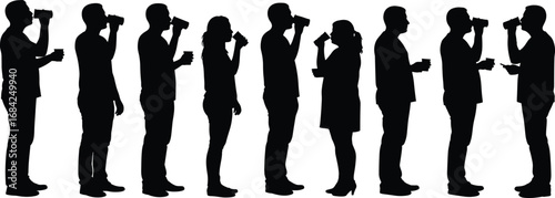 Silhouettes of Men and Women Drinking from Glasses, Standing in Line, Vector Illustration for Social Events, Party, Celebration, Lifestyle, Beverage Concept