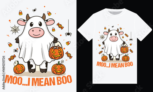 Moo I Mean Boo, Cute Halloween Cow Ghost Cartoon with Candy Bucket, Pumpkins & Spooky Elements for T-Shirt Design Template, Print, Halloween Vector