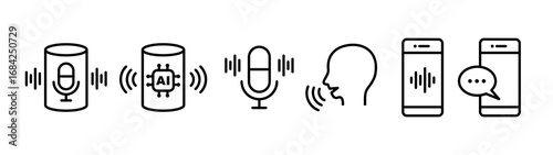 Voice assistant and smart speaker concept icon set. Black color outline icon on white background.