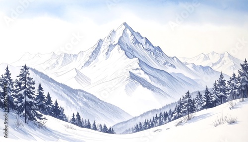 Winter mountain landscape, painted in soft, muted tones
