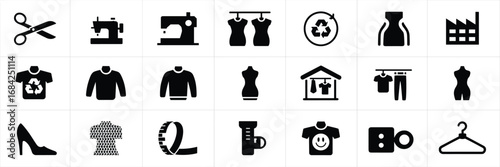 Fashion and Garment Industry Icon Set – Black Vector Collection of 24 Symbols for Clothing, Sewing, and Sustainable Apparel Design
