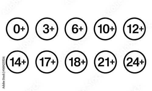 Black Circles with Age Ratings from 0+ to 24+ on White Background restriction content