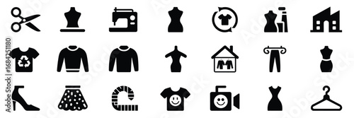 Fashion and Garment Industry Icon Set – Black Vector Collection of 24 Symbols for Clothing, Sewing, and Sustainable Apparel Design