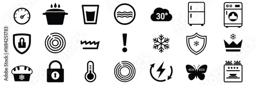 Kitchen Appliance and Cooking Icon Set – Black Vector Collection of 20 Symbols for Smart Home, Baking, and Eco-Friendly Design