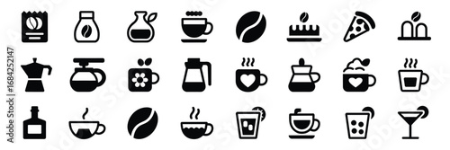 Coffee and Café Culture Icon Set – Black Line Icons for Brewing Equipment, Beverages, and Barista Life