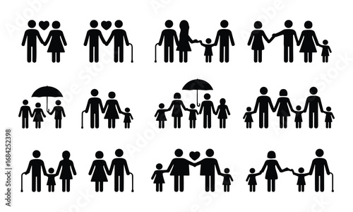 Diverse Family Silhouettes Holding Hands With Umbrella And Cane On White people parents