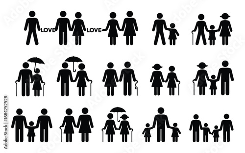 Diverse Family And Relationship Icons Representing Different Generations And Love couple parent